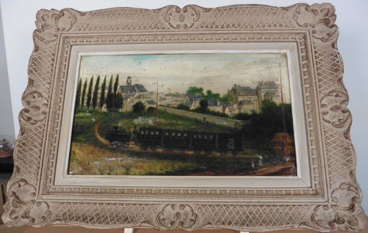 Tableau Paysage Train à Vapeur Bourgueil Huile/toile XIXème Siècle Signé Jolly