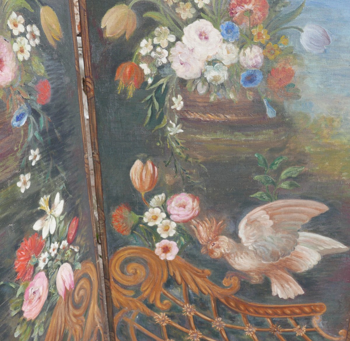 Paravent Aux Oiseaux Et Fleurs Huile Sur Toile Du XIXème Siècle-photo-2