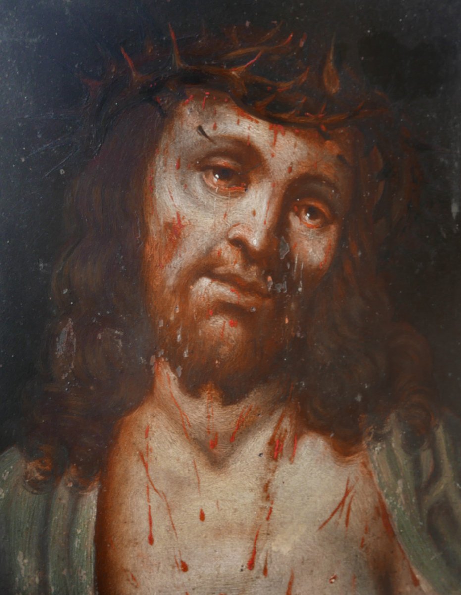 Portrait  Jesus Christ Ecce Homo Oil/panel 18th Century-photo-4