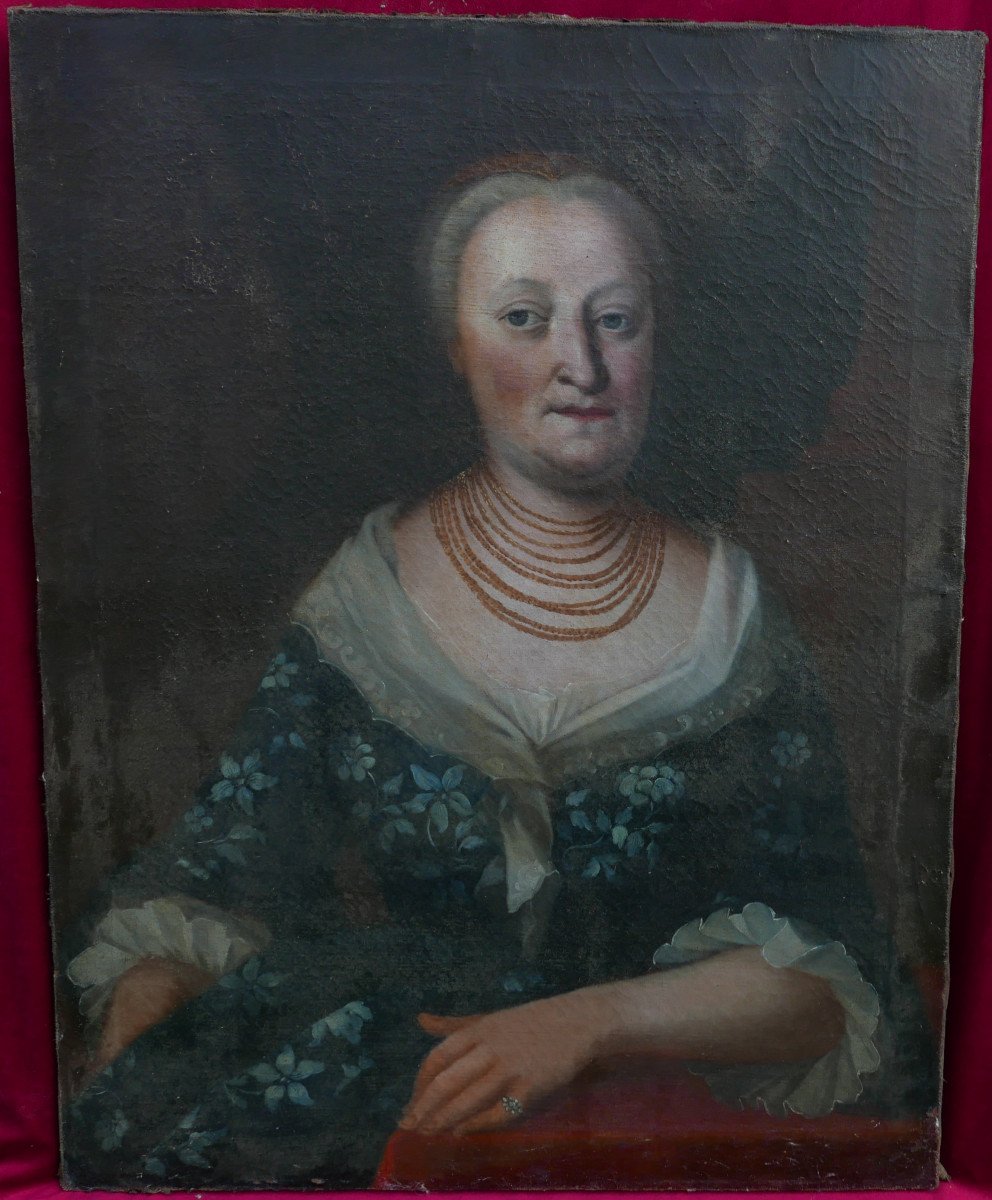 Large Portrait Of A Woman From The Louis XV Period Oil/canvas 18th Century-photo-2