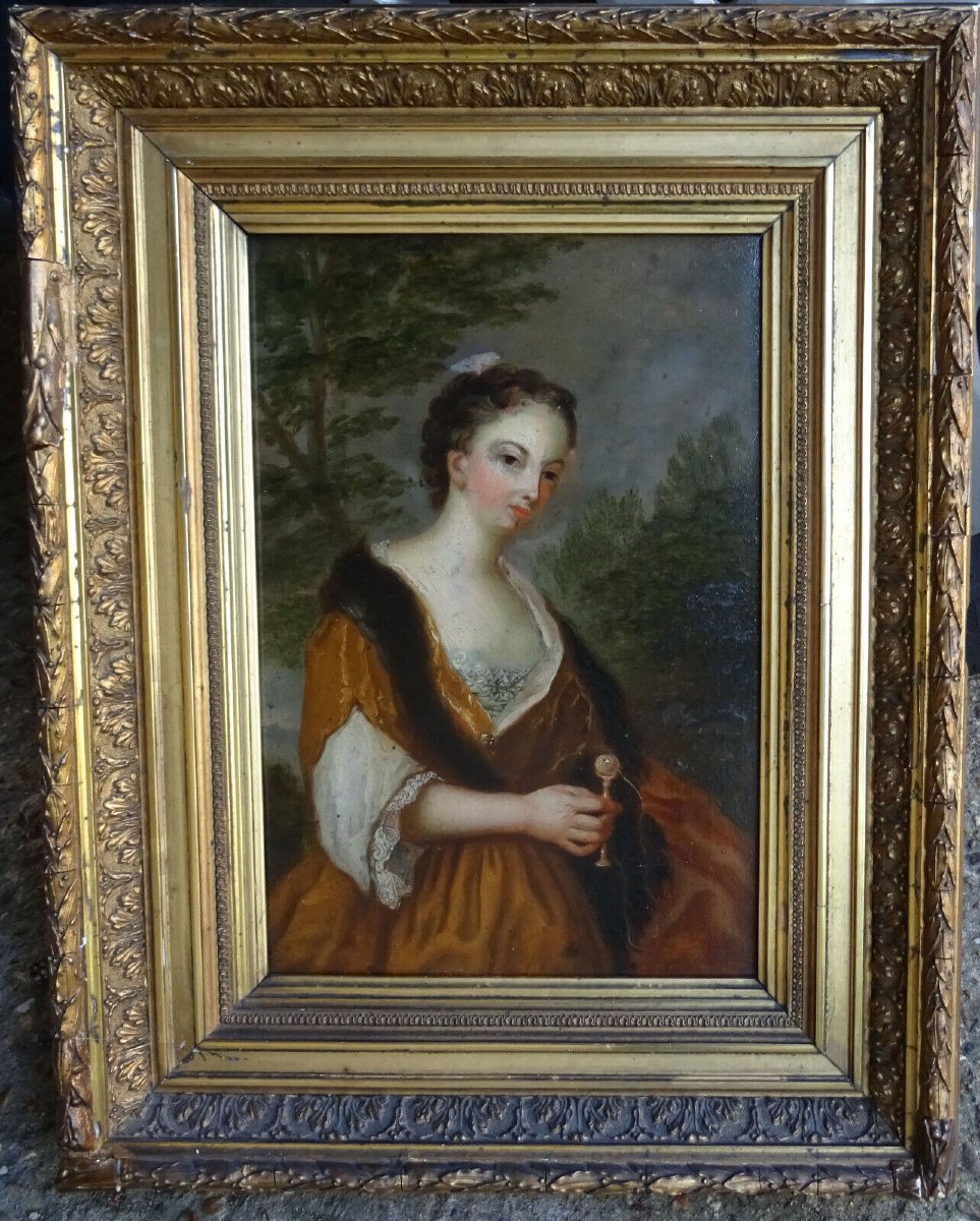 Portrait De Jeune Femme Au Bilboquet Huile/panneau Du XVIIIème Siècle-photo-2