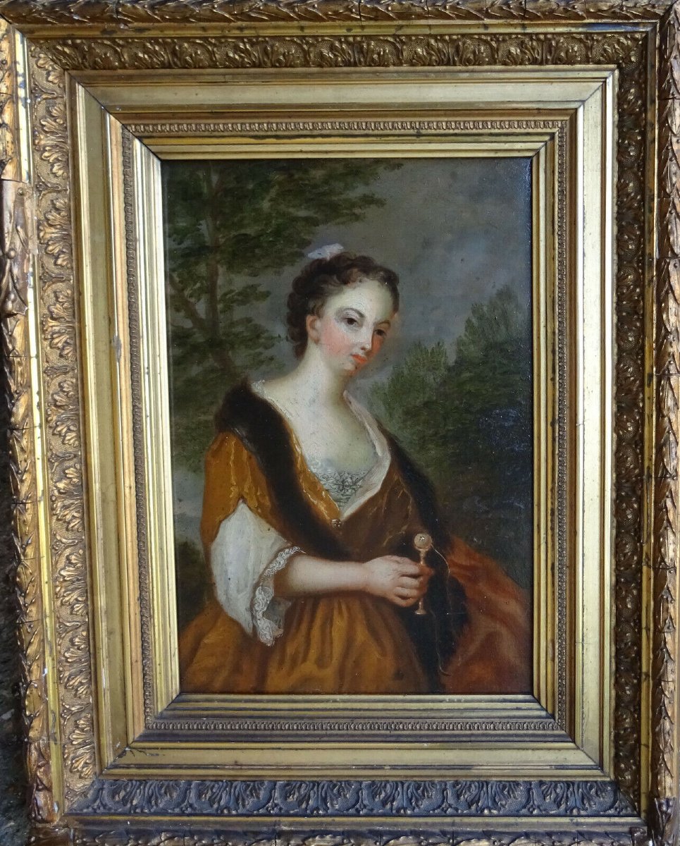 Portrait De Jeune Femme Au Bilboquet Huile/panneau Du XVIIIème Siècle-photo-3