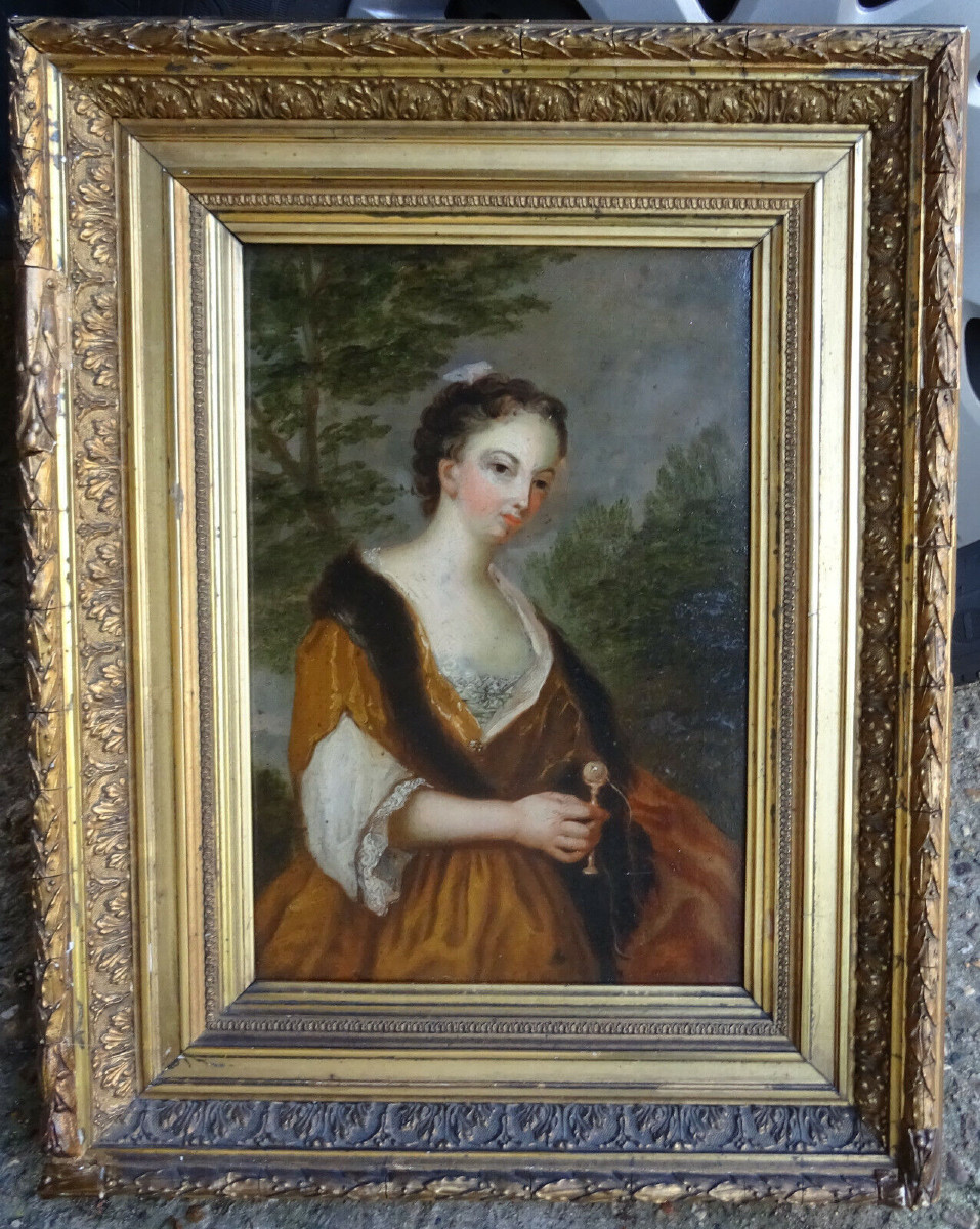 Portrait De Jeune Femme Au Bilboquet Huile/panneau Du XVIIIème Siècle