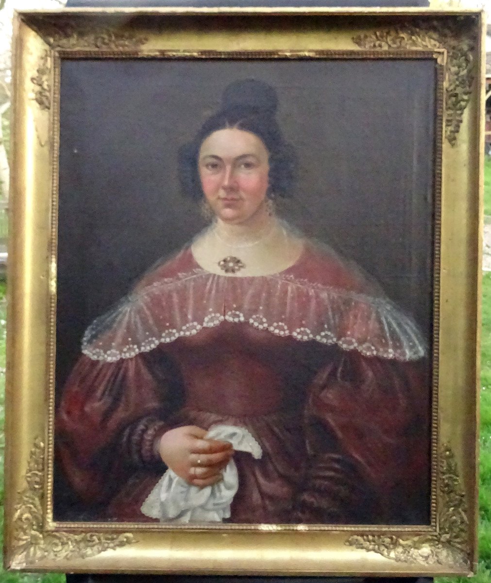 Large Portrait Of Woman From The Louis Philippe Period H / T From The XIXth Century Signed