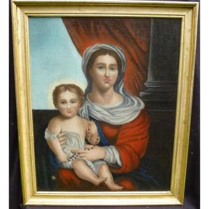 Tableau Religieux Vierge à l'Enfant Huile/toile Du XVIIIème Siècle