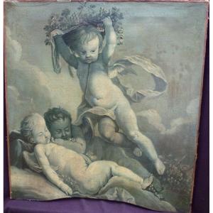 Tableau Grisaille Chérubin Ecole Française Du XVIIIème Siècle Huile/toile