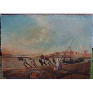 Orientalist Landscape Painting Dahabieh On The Nile Oil/canvas From The 20th Century