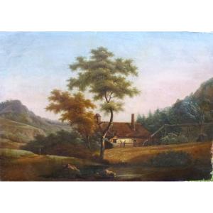 Tableau Paysage Champêtre Moulin Bord De Lac Huile/toile Du XIXème Siècle