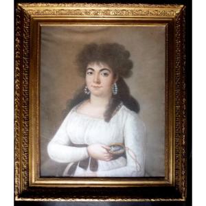 Large Portrait Of Young Woman Ist Empire Pastel Under Glass Early 19th Century