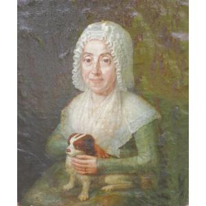 Portrait Of Woman With Dog Louis XV Period Oil/canvas From The 18th Century