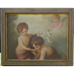 Religious Painting Of The Child Jesus After Murillo Oil/panel Late 19th Century