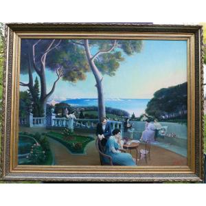 Large Painting Genre Scene Animated Terrace Oil/canvas 19th Century Signed