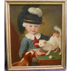 Bonneville Portrait De Jeune Homme Chien Et Chat Huile/toile Du XVIIIème Siècle