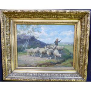 Jef Louis Van Leemputten Shepherd With Sheep Oil/canvas Late 19th Century Signed