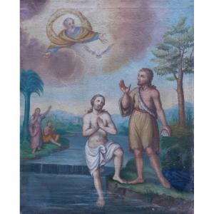 Painting Religious Scene Baptism Of Jesus Oil/canvas From The 18th Century