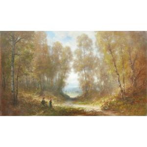 Almer Large Painting Animated Forest Landscape Oil/canvas From The 19th Century