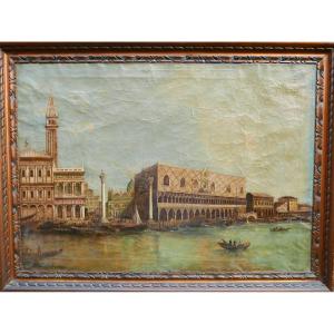 Landscape Painting View Of Venice Ducal Palace Oil/canvas From The 19th Century
