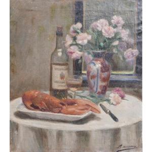 Tableau Nature Morte Au Homard Et Au Vin Huile/toile Du XXème Siècle Signée