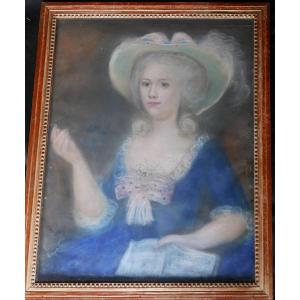 Portrait De Jeune Femme Au Chapeau Pastel Fin XVIIIème Siècle