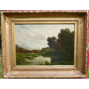 François Binjé Riverside Landscape Oil/panel From The 19th Century Signed