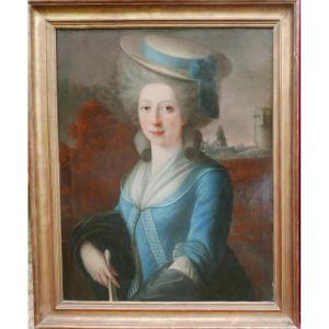 Portrait De Femme Au Chapeau Epoque Louis XVI Huile/toile Du XVIIIème Siècle