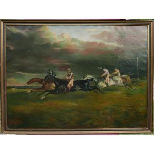 Tableau Scène De Genre Le Derby d'Après Gericault Huile/toile Du XIXème Siècle