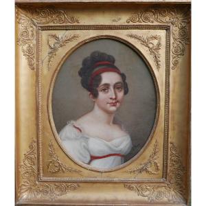 Royer Portrait De Jeune Femme Ier Empire Huile/toile Du XIXème Siècle Signé