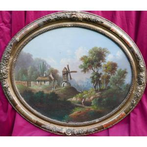 Alexandre Countryside Landscape Mill Oil/panel 19th Century Signed