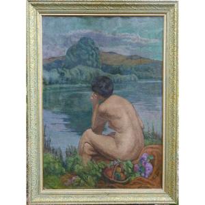 Henri Lavoué Large Portrait Bather Oil/canvas Early 20th Century