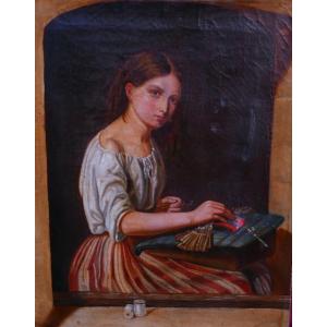 Portrait Of A Young Woman Lacemaker At Work Oil/canvas 19th Century