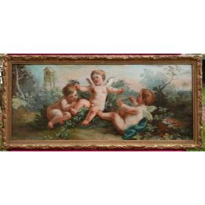 Country Genre Scene With Cherubs Oil/canvas 18th Century