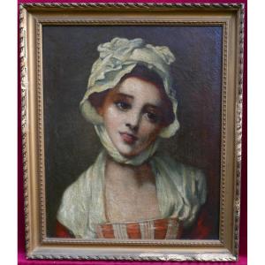 Portrait De Jeune Femme Au Bonnet Huile/toile Du XVIIIème Siècle