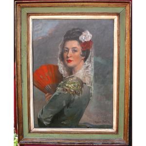 Cyprien Boulet Portrait Of Woman With Fan Oil/canvas 20th Century Signed