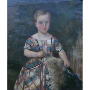 Portrait De Jeune Fille Au Chien Epoque Louis Philippe Huile/toile XIXème Siècle