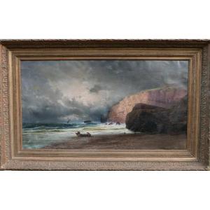 Large Coastal Landscape Painting Cliff Normandy Oil/canvas 19th Century