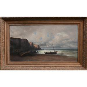 Large Animated Coastal Landscape Painting Cliff Normandy Oil/canvas 19th Century