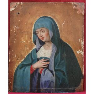 Religious Painting Portrait Of The Holy Virgin Mary Oil/copper From The 18th Century