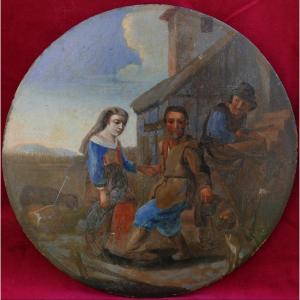 Peasant Genre Scene Oil/panel From The 18th Century