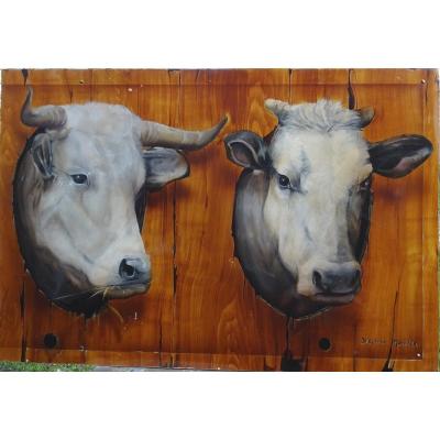 Stéphane Mouiller Tableau Portrait De Vaches Huile Sur Panneau XXème Siècle