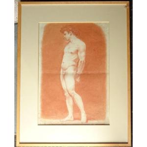 Male Academic Nude With Red Blood French School Eighteenth Century Drawing