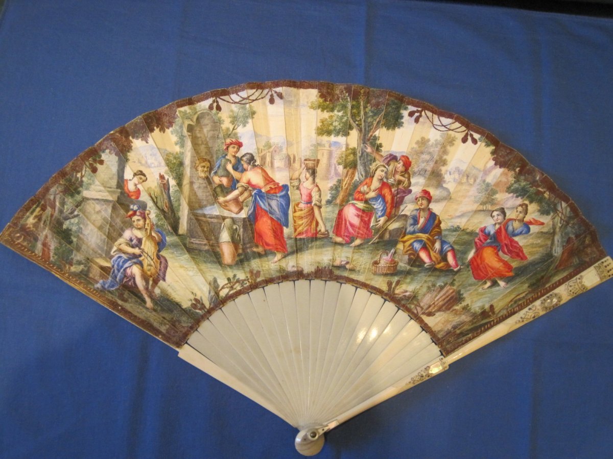 Eventail Plié, Feuille En Peau Peinte Avec Scene Champetre, monture à l'anglaise,  Italie, 1720-50 , with CITES