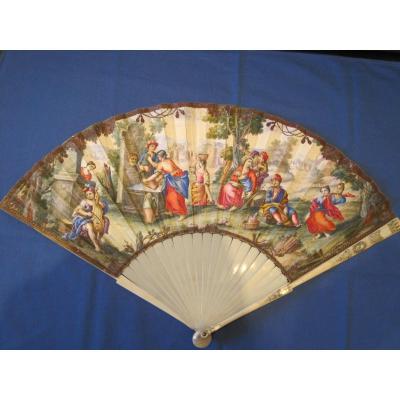 Folded Fan, Leaf In Painted Skin With Country Fete, Italy, 1720-50, Avec Cites