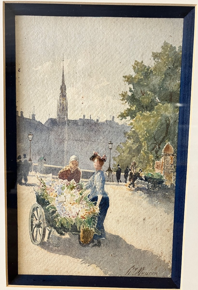 Henry Mouren 1844-1926 - Aquarelle - Marchandes De Fleurs Sur Les Quais De Seine .-photo-3