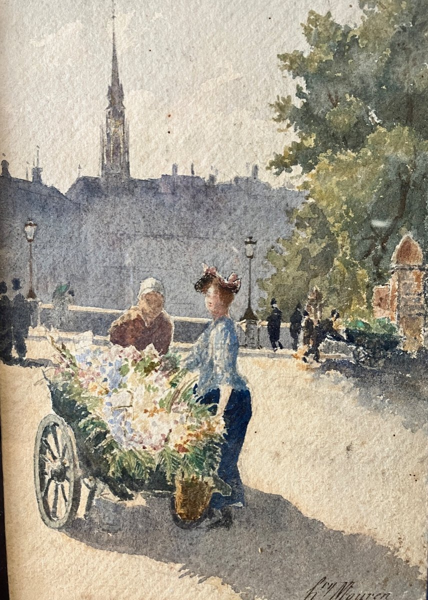 Henry Mouren 1844-1926 - Aquarelle - Marchandes De Fleurs Sur Les Quais De Seine .