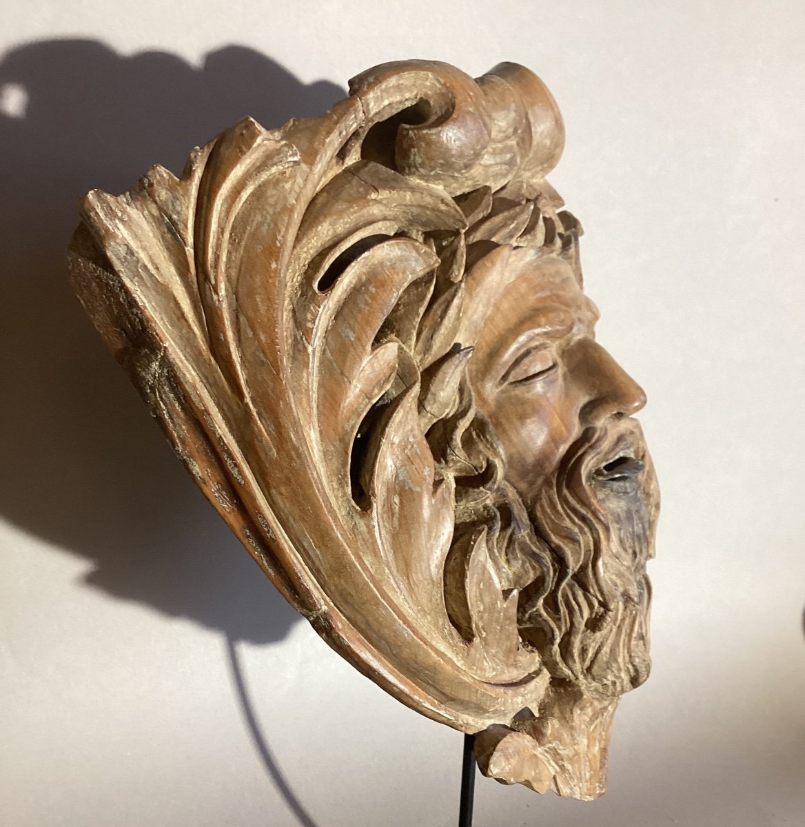 Wall Lamp - Console, Carved Wooden Head - Lead Mold Mouth. 18th Century-photo-4