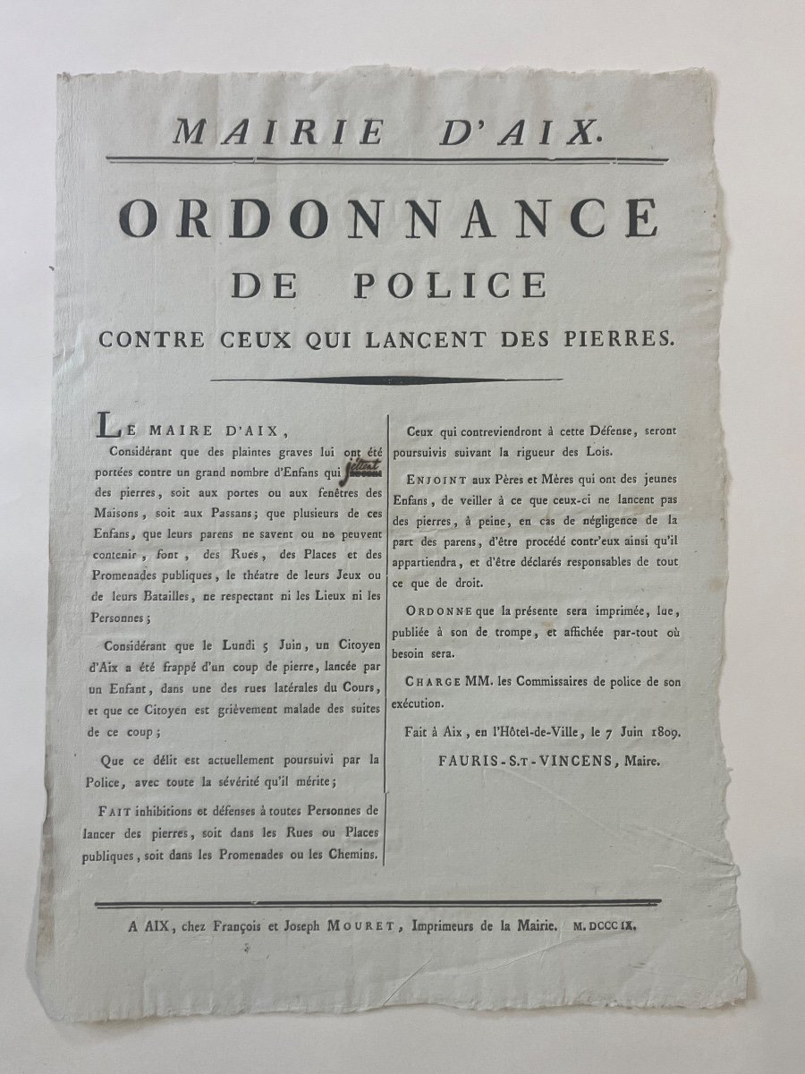 Placard / Affiche 1er Empire - Contre Ceux Qui Lancent Des Pierres … Aix-en-provence 1809-photo-2