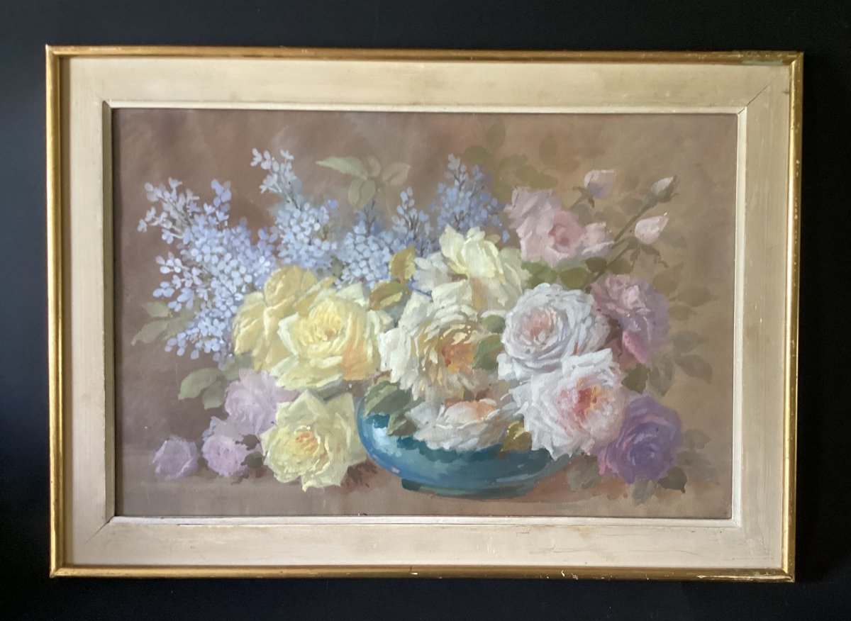 Bouquet Of Flowers - Gouache - Monogrammed - Located In Nice - Mid 20th Century-photo-2