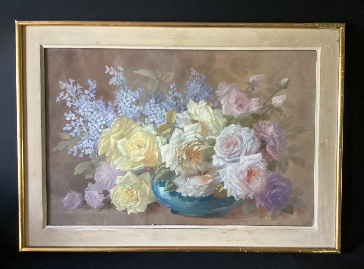 Bouquet Of Flowers - Gouache - Monogrammed - Located In Nice - Mid 20th Century-photo-2