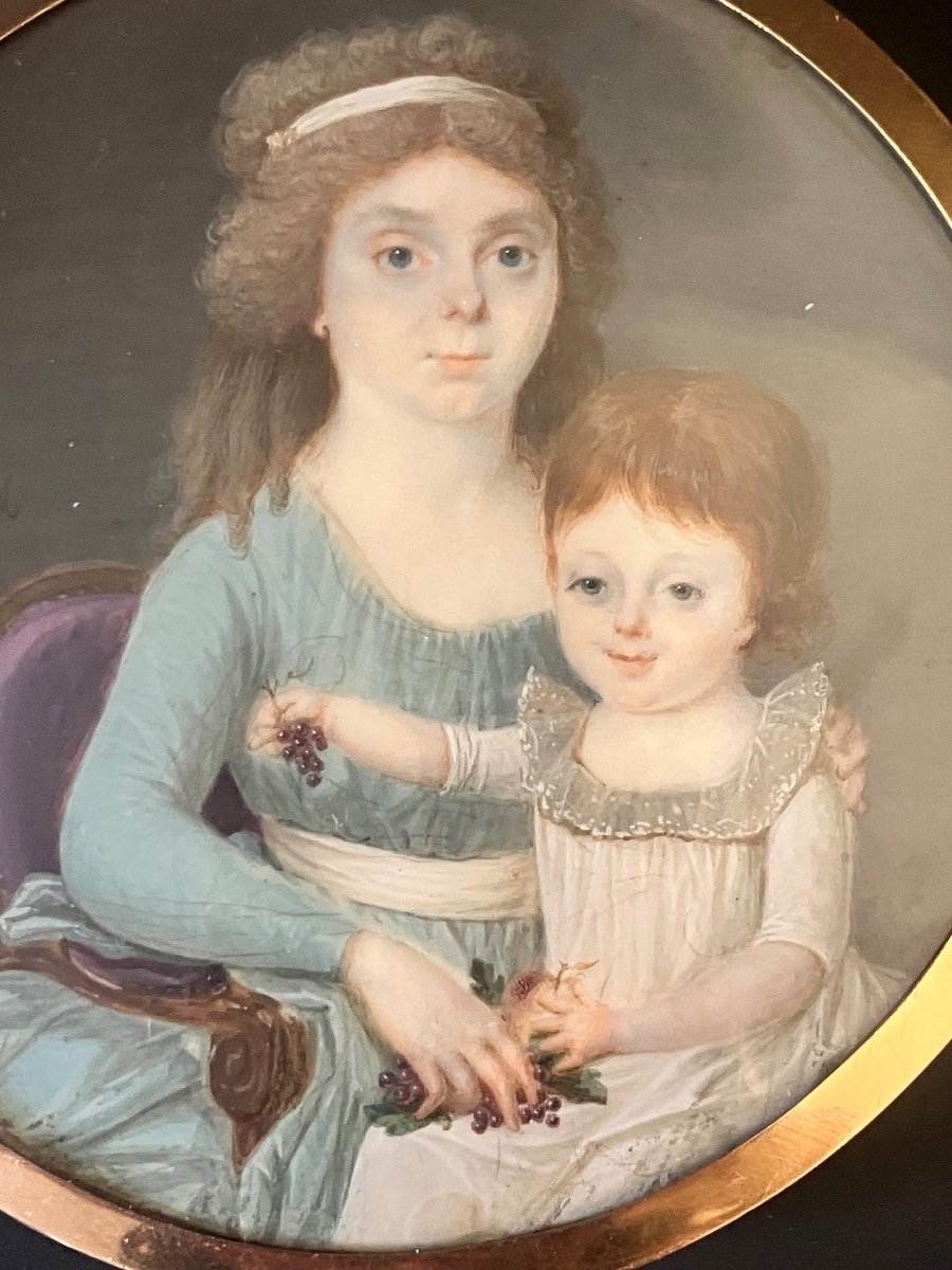 Miniature / Ivory And Gold Mount - Portraits Of A Mother And Child - Late 18th Century - 7.8 Cm Diam-photo-3