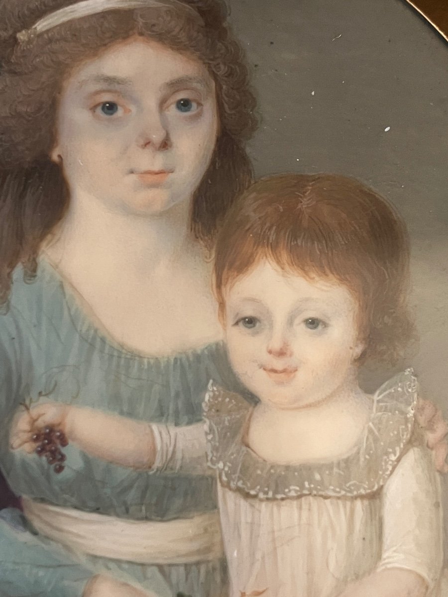 Miniature / Ivory And Gold Mount - Portraits Of A Mother And Child - Late 18th Century - 7.8 Cm Diam-photo-4